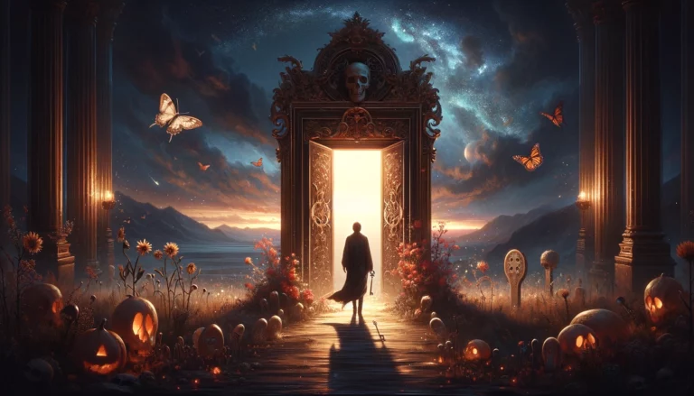 "An evocative visualization portraying a moment of anticipation and potential, featuring a solitary figure poised at the threshold of a new beginning. The scene is enriched with symbols of transformation and renewal, inviting contemplation on the profound journey of growth and possibility. Through its imagery, viewers are prompted to reflect on the inherent promise and opportunities that accompany embracing change."
