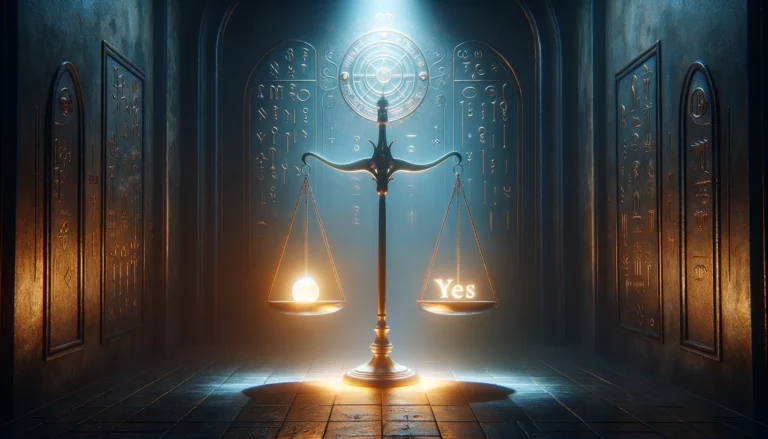 "A thought-provoking visual encapsulating the complexity and dual nature of decisions within the tarot. It emphasizes the transformative potential and nuanced insights necessary for understanding the implications of the Death card. Through its imagery, viewers are prompted to contemplate the profound journey of introspection and renewal inherent in interpreting this card, navigating the delicate balance between endings and new beginnings."