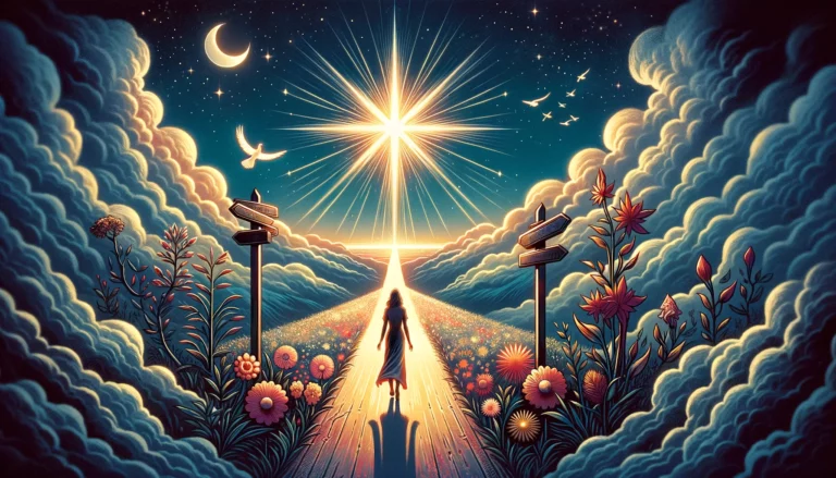 "An evocative visualization portraying a figure at a crossroads, gazing up to a radiant figure in the sky symbolizing the moment of decision and the call to embrace one's true potential. Surrounding elements signify renewal, awakening, and the promise of a new beginning. The hopeful and determined atmosphere is intensified by a color palette blending the tranquil hues of dawn with vibrant sunrise colors, reflecting the profound impact of answering the call to action. Through its imagery, viewers are invited to contemplate the transformative power of decisive choices and the journey towards self-realization and growth."