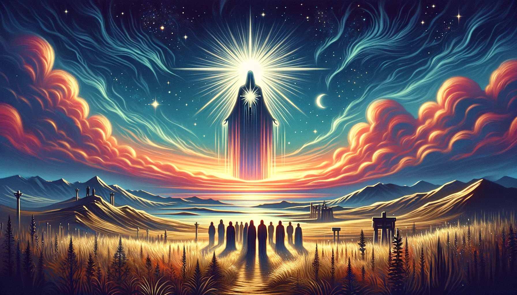 "A compelling visualization depicting a group of people at dawn, facing a radiant figure symbolizing judgment, self-evaluation, and the call to a higher purpose. The scene unfolds against a backdrop that transitions from darkness to light, embodying the journey from introspection to a new beginning. Through its imagery, viewers are invited to contemplate the transformative power of self-reflection and the potential for personal growth inherent in embracing change."