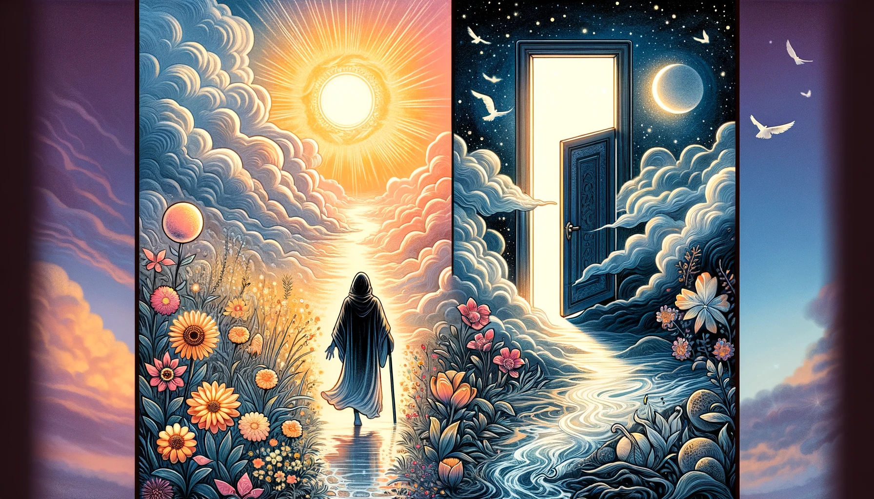 "An insightful illustration portraying the dual nature of potential outcomes associated with the Judgment card, contrasting scenes of rebirth and clarity with doubt and reluctance. The vibrant, warm colors transition to cool, muted tones, symbolizing the shift from affirmative 'Yes' to cautious 'No' answers. Through this color transition, the imagery effectively conveys the themes of transformation and introspection inherent in the interpretation of the Judgment card. Viewers are prompted to contemplate the complexities of decision-making and the journey towards personal growth and understanding."