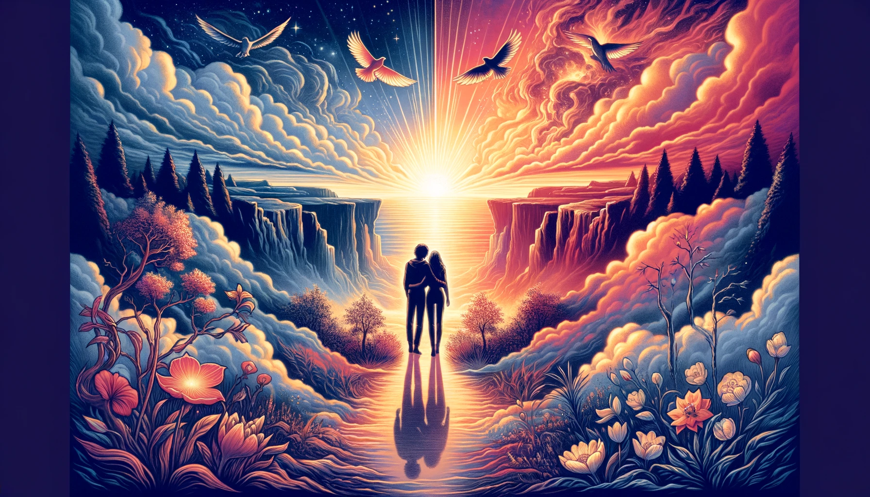 "An evocative visualization portraying two figures embracing at the dawn of a new era in their relationship. The backdrop transitions from darkness to a luminous horizon, symbolizing enlightenment, rebirth, and the promise of a fulfilling partnership. Through its imagery, viewers are invited to contemplate the transformative power of love and the potential for growth and renewal within relationships."