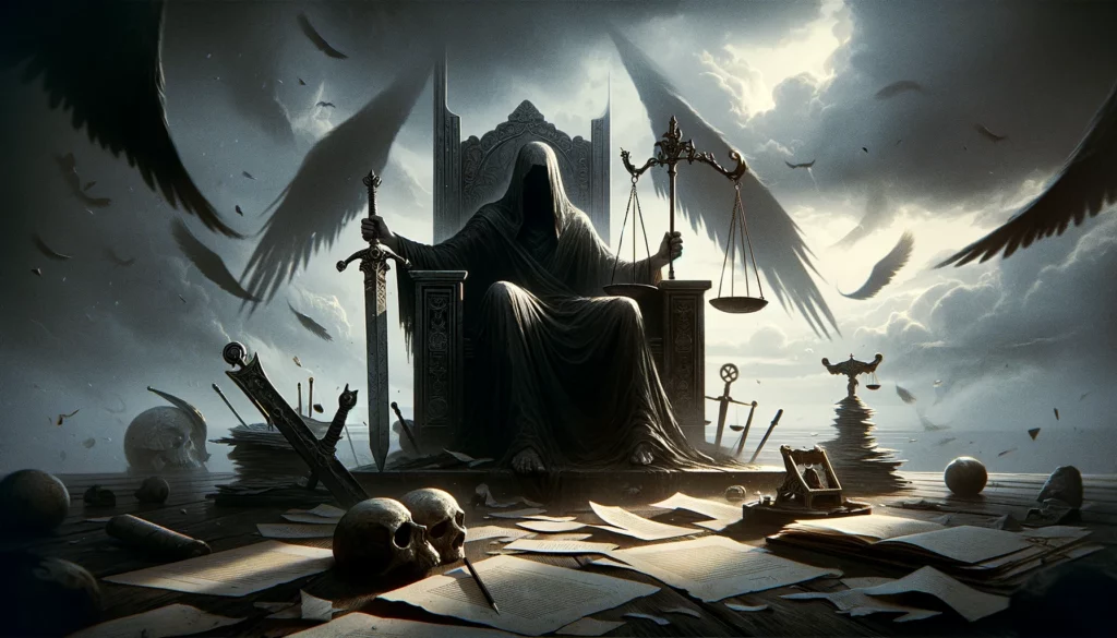  "A shadowy figure sits on a throne in disarray, with a tilted scale and a neglected sword, set against a backdrop of chaos and a stormy sky, symbolizing the turmoil resulting from a departure from integrity. The mood of introspection and regret is conveyed through a color palette of muted grays, dark blues, and faint hints of red, emphasizing the emotional weight of facing the repercussions of one's actions and the need for self-examination to restore balance. Through its imagery, viewers are prompted to contemplate the consequences of ethical lapses and the importance of integrity in maintaining personal and societal equilibrium."




