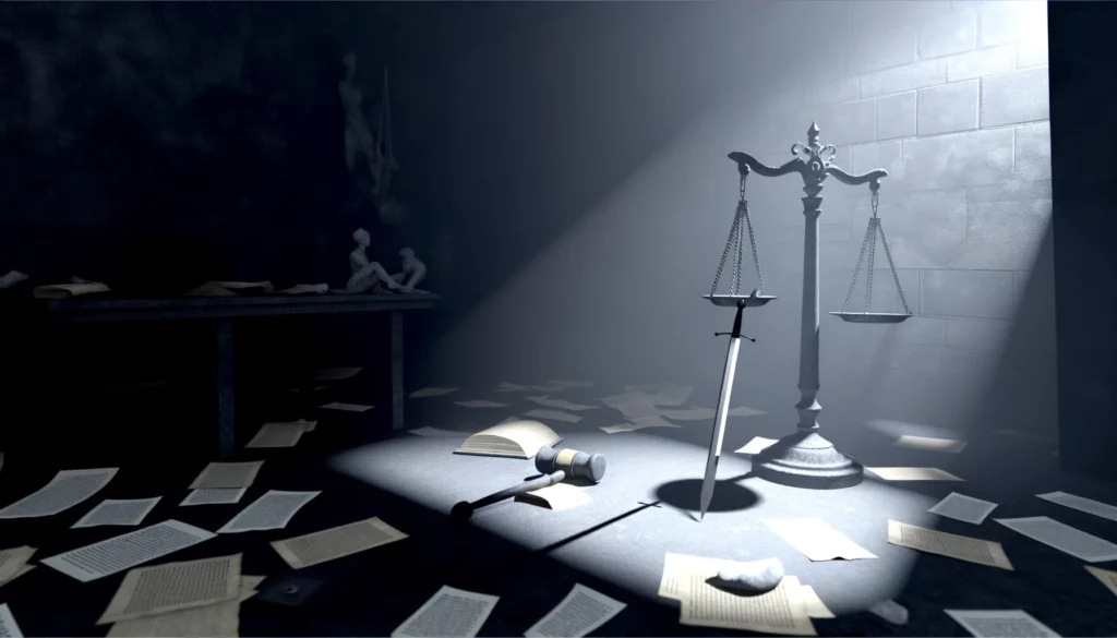 "These visuals depict a dimly lit, disorderly courtroom setting, where the unbalanced scale and the sword on the ground symbolize the lack of clarity and fairness, representing the 'No' or 'Not yet' answer. The atmosphere of confusion and the need for careful consideration are emphasized, with a color palette that suggests the possibility of eventual understanding and resolution through thorough examination. Through its imagery, viewers are prompted to contemplate the challenges of navigating uncertainty and the importance of diligent examination in seeking resolution."