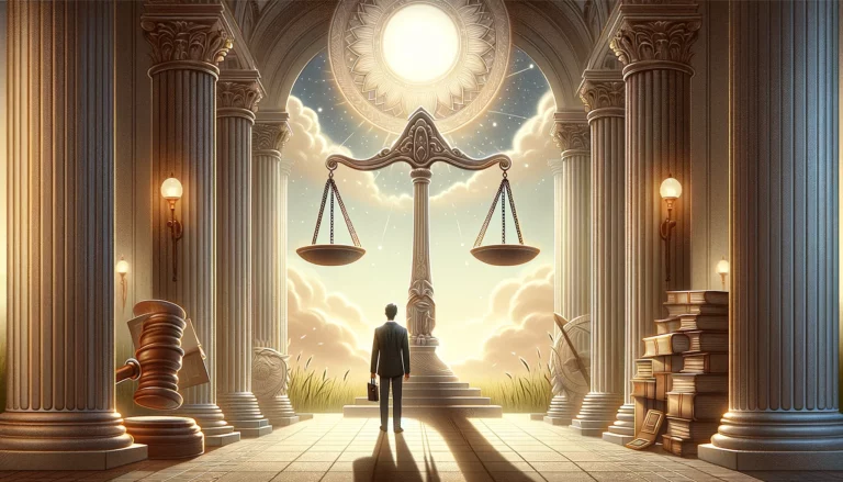 "In this visualization, an individual stands before a perfectly balanced scale, set against a backdrop representing a quest for a just and equitable resolution, enhanced by symbols of order and harmony. The atmosphere of clarity and resolution is conveyed through a color palette that underscores the purity and calmness of achieving fairness, highlighting the individual's hope and determination for balance. Through its imagery, viewers are prompted to contemplate the pursuit of justice and the significance of fairness in decision-making."