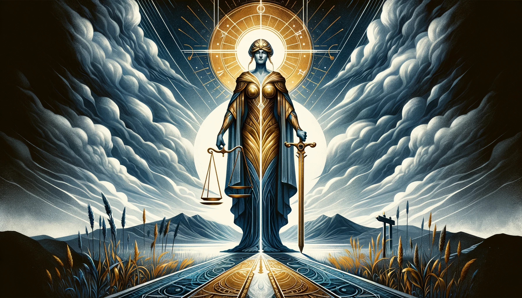 "The figure of Justice stands commandingly at a crossroads, holding a balanced scale and a sword, symbolizing judgment and protection. The background, divided equally between daylight and night, reflects the balance between light and shadow, embodying the card's essence of impartiality and the pursuit of fairness. Bold blues, golds, and whites in the color palette emphasize clarity and integrity. Through its imagery, viewers are invited to contemplate the importance of upholding justice and fairness in decision-making and societal balance."