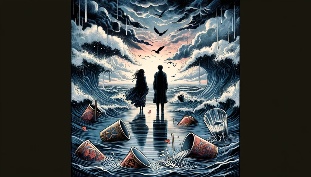 "A stormy ocean backdrop frames a couple standing apart, representing emotional turmoil and distance due to a lack of moderation. The tense atmosphere is conveyed through dark blues, grays, and hints of red, highlighting the need for reevaluation and realignment in the relationship."