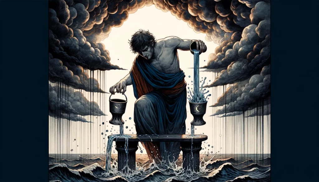 "A figure struggles to balance water between two cups against a backdrop of a stormy and chaotic landscape, symbolizing the consequences of imbalance and excess. The tense atmosphere is highlighted by a color palette of dark grays, deep blues, and hints of red, emphasizing the emotional turmoil and the urgent need for moderation, caution, and self-reflection to achieve harmony."