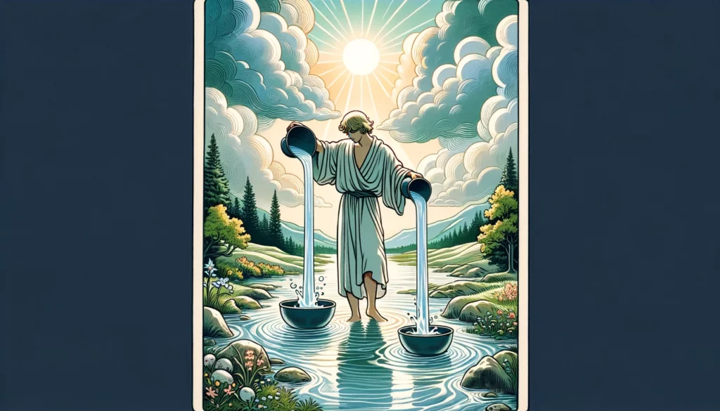  "In this visualization, a figure pours water between two cups, symbolizing balance and renewal, against a serene landscape. The tranquil atmosphere is depicted with soft blues, greens, and whites, reflecting the calm and purity of the Temperance card's message of patience and self-control."