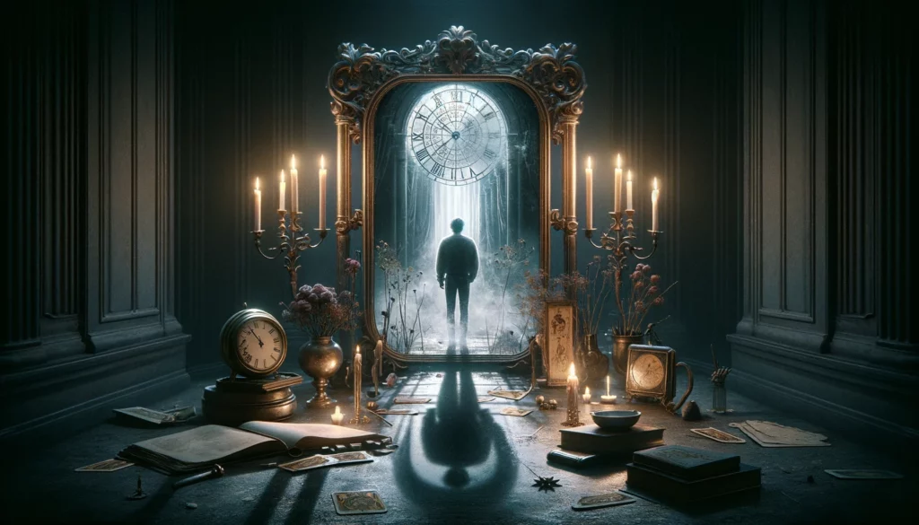 The scene is surrounded by symbols of stagnation and unexplored potential, yet hints at the possibility of clarity and understanding through acceptance. Through its imagery, viewers are prompted to contemplate the complexities of self-reflection and the journey towards personal growth and enlightenment."