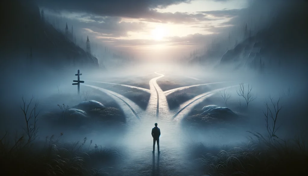 "A thought-provoking visualization portraying a person at misty crossroads, embodying the hesitation and indecision stemming from the fear of moving forward. Set against an overcast sky, the scene underscores the need for introspection and the challenge of overcoming internal obstacles. Through its imagery, viewers are prompted to contemplate the complexities of decision-making and the internal struggles associated with progress on the path toward personal growth and transformation."