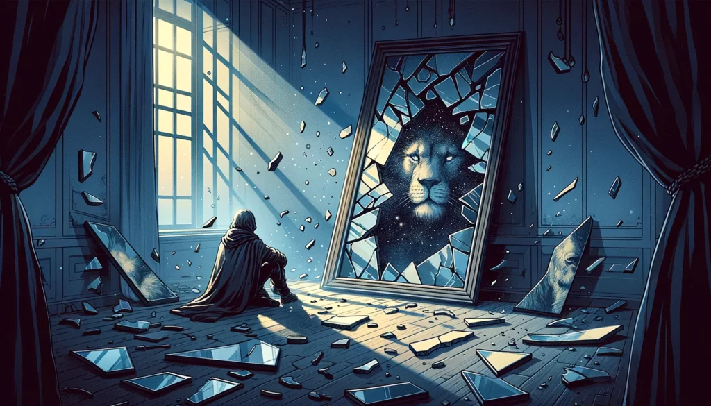 "In this visualization, a figure stands in a dimly lit room, contemplating a shattered mirror or a faded image of a lion, symbolizing the struggle with self-doubt and the quest for courage. The introspective and hopeful mood is emphasized with a color palette of muted blues, grays, and subtle hints of light, highlighting the potential for growth and the journey towards reclaiming one's power and inner strength."