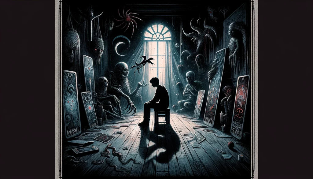 "In this visualization, a figure is depicted in a dimly lit room, surrounded by symbols of fears and doubts, set in a tense and uncertain atmosphere. The color palette of muted grays, deep blues, and hints of red accentuates the emotional turmoil and the journey towards finding inner strength and confronting one's fears. Through its imagery, viewers are prompted to contemplate the process of grappling with inner demons and navigating through challenging emotions."