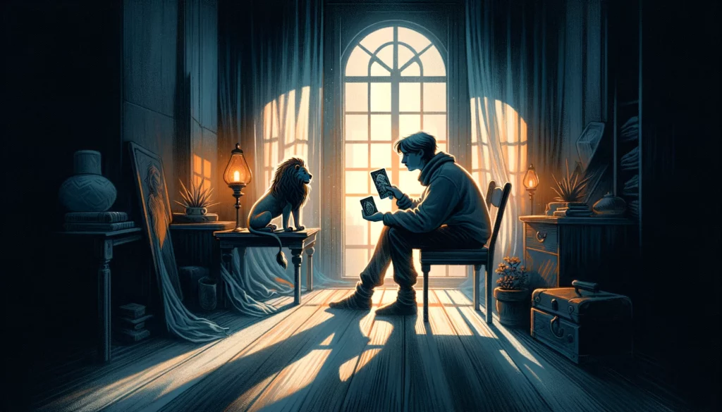 "A figure seated in a dimly lit room, holding a small lion figurine, symbolizes the internal struggle with instincts and fears. The introspective and vulnerable atmosphere is captured through muted grays, blues, and subtle hints of orange, depicting emotional turmoil and the quest for self-awareness and inner courage."




