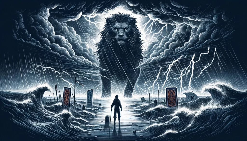  "In this visualization, a figure stands uncertainly amidst a stormy landscape, overshadowed by a menacing lion, symbolizing the dominance of challenges and fears. The dark clouds and turbulent environment reflect turmoil and hesitation from a lack of courage and compassion, with a mood of caution and introspection emphasized by a color palette of dark grays, deep blues, and flashes of lightning, highlighting the emotional struggle and the need for self-reflection to find inner strength to overcome obstacles."