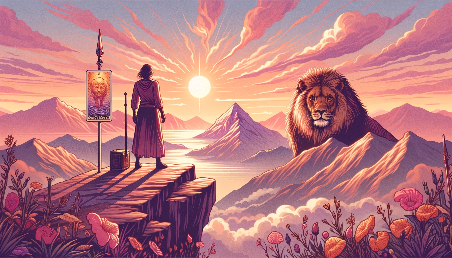 "In this visualization, an individual stands at the edge of a cliff, confidently looking towards a distant challenge, accompanied by a lion, set against an uplifting and serene environment. The optimistic and determined mood is beautifully conveyed through a color palette of warm oranges, pinks, and purples, reflecting the passionate and empowering nature of the aspirations expressed by the Strength card."