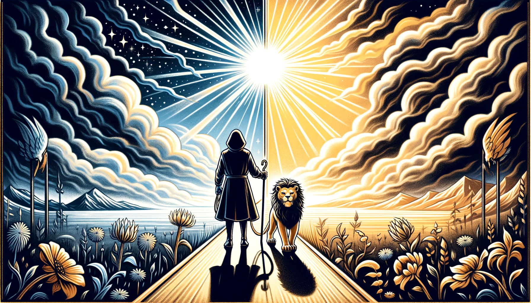 "This visualization depicts the contrast between a positive outcome, represented by a clear, sunny sky, and a negative outcome portrayed through a shadowed, uncertain landscape. A figure holding a symbolic lion on a leash stands at the division, highlighting the significance of inner strength, courage, and compassion in facing challenges. The transition from light to dark serves as a metaphor for the diverse results stemming from one's approach to life's obstacles."