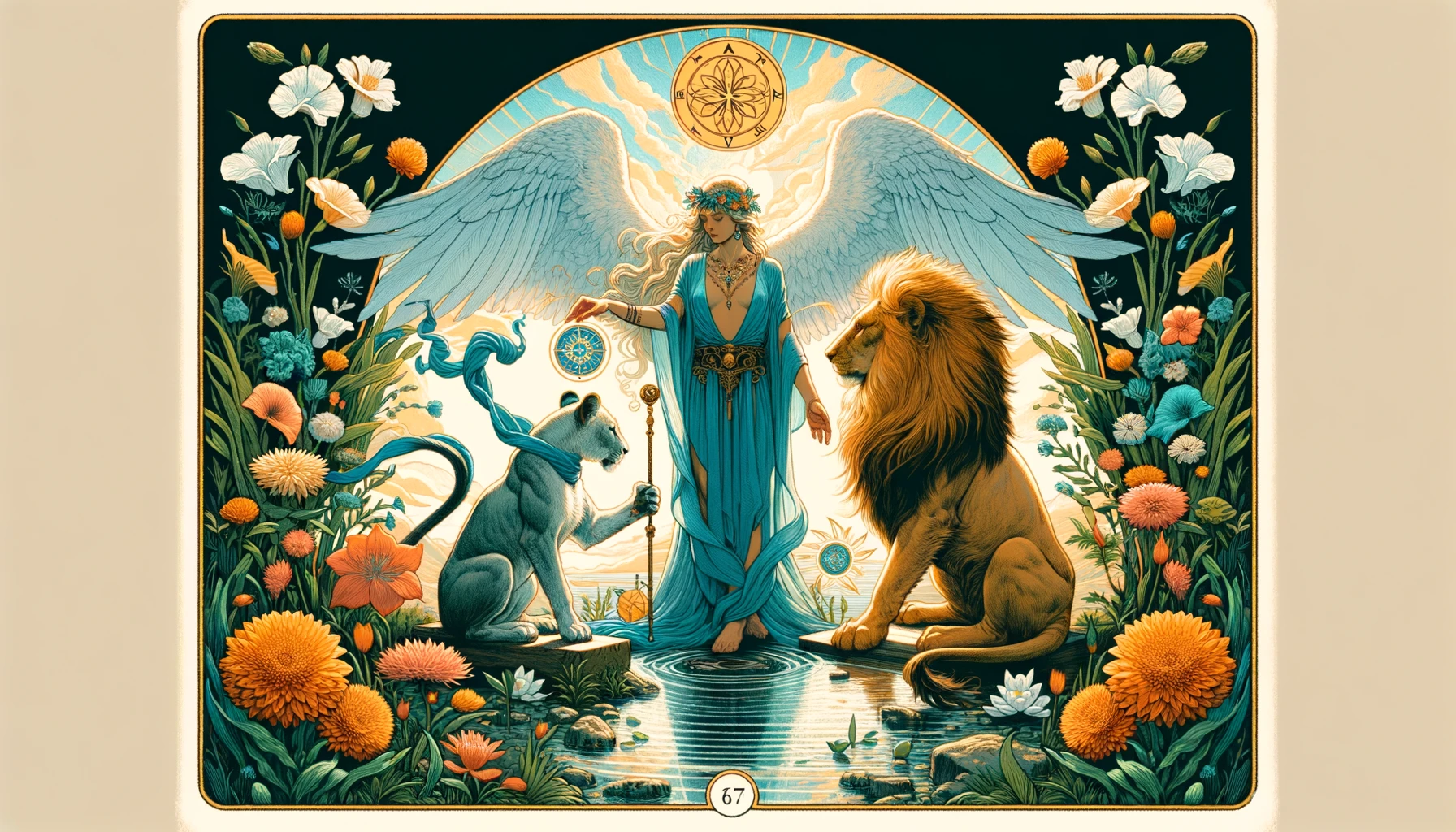 "This visualization embodies courage, inner fortitude, and the gentle mastery over one's instincts, featuring a figure harmoniously interacting with a lion within a tranquil setting, surrounded by symbols of resilience and calm. The color palette emphasizes the empowerment and grace associated with balanced emotional and mental strength, reflecting the dynamic yet harmonious message of the Strength card. Through its imagery, viewers are invited to contemplate the transformative power of inner resilience and the ability to navigate challenges with grace and determination."