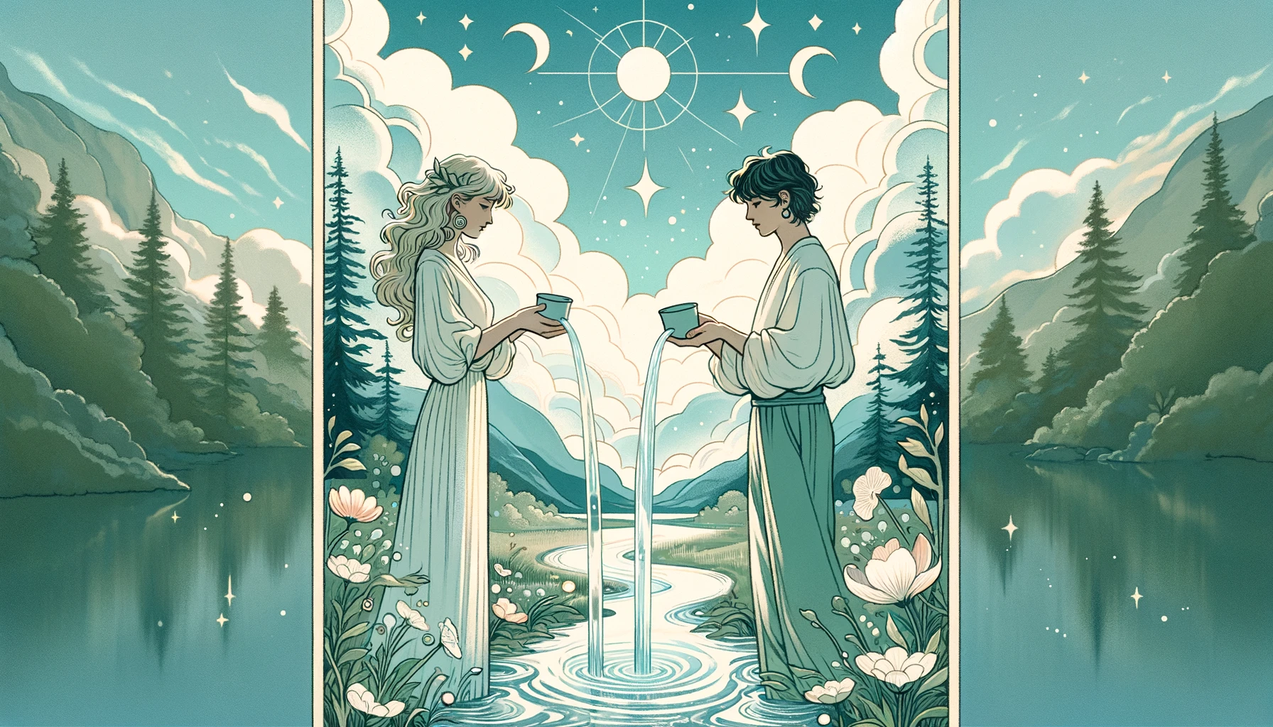 "In this visualization, a figure pours water between two cups, symbolizing balance and renewal, against a serene landscape. The tranquil atmosphere is depicted with soft blues, greens, and whites, reflecting the calm and purity of the Temperance card's message of patience and self-control."