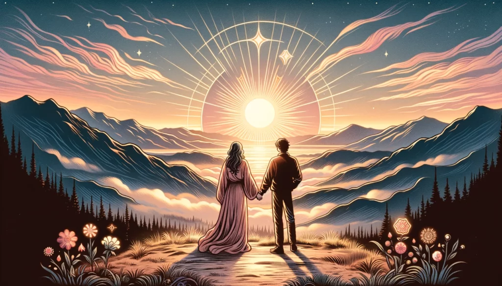 "A poignant visualization depicting a couple at a pivotal moment of clarity and renewal, standing together on a serene mountaintop at dawn. The scene embodies hope, forgiveness, and the readiness to start anew in their relationship. Through its imagery, viewers are invited to contemplate the transformative power of understanding and the potential for growth and renewal within partnerships."