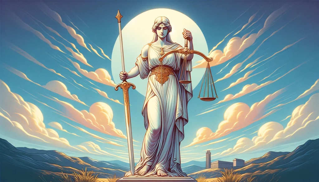  "The figure of Justice stands confidently on a high pedestal, holding a perfectly balanced scale and a sharp sword, set against a clear blue sky, symbolizing high standards of truth and fairness. The calm and orderly landscape around the pedestal reflects the stability and harmony that come from adhering to the principles of Justice, with a serene atmosphere and a color palette of crisp whites, deep blues, and golden highlights emphasizing the purity, wisdom, and authority of the Upright Justice figure. Through its imagery, viewers are invited to contemplate the importance of upholding integrity and fairness in maintaining societal balance and order."