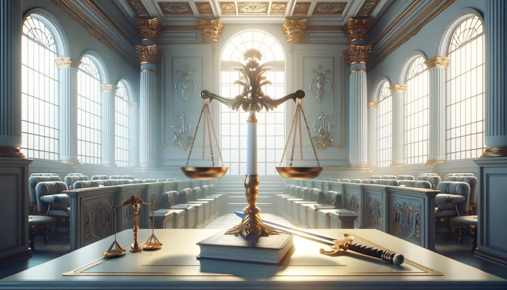 "The illustration depicts a bright, orderly courtroom with a perfectly balanced scale and an upright sword, symbolizing clarity and integrity. These elements reflect the positive affirmation associated with actions aligned with justice, honesty, and ethical principles. The light-filled courtroom emphasizes transparency and the unambiguous nature of the decision, supported by a color palette that evokes purity, wisdom, and calm. Through its imagery, viewers are invited to contemplate the importance of upholding justice and ethical conduct in fostering harmony and fairness in decision-making processes."