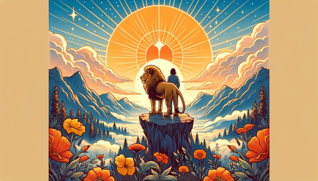  "In this visualization, an individual stands on a mountaintop at sunrise, accompanied by a calm lion, symbolizing new beginnings and the courage to face challenges with confidence. The serene and vibrant environment reflects the growth and harmony that result from such inner strength, with a mood of inspiration and optimism conveyed through a color palette of vibrant oranges, yellows, and soft blues."