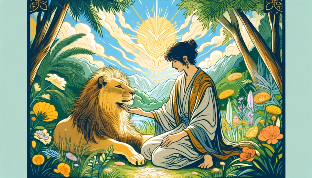 "This visualization embodies courage, inner fortitude, and the gentle mastery over one's instincts, featuring a figure harmoniously interacting with a lion within a tranquil setting, surrounded by symbols of resilience and calm. The color palette emphasizes the empowerment and grace associated with balanced emotional and mental strength, reflecting the dynamic yet harmonious message of the Strength card. Through its imagery, viewers are invited to contemplate the transformative power of inner resilience and the ability to navigate challenges with grace and determination."



