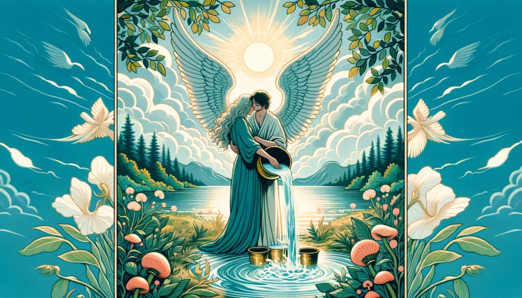 "A serene scene depicts a couple in balance, surrounded by symbols of Temperance and emotional harmony. The peaceful atmosphere is conveyed through soothing blues, greens, and soft whites, reflecting the purity, peace, and stability of a relationship guided by the Upright Temperance card."




