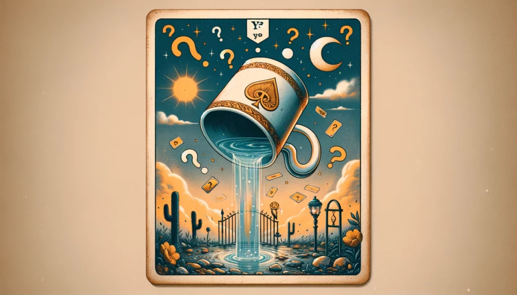  "Illustration portraying hesitation and emotional blockages, suggesting a 'Not yet' response in a Tarot reading. Symbols of caution and contemplation evoke the nuanced message of the Ace of Cups in its reversed state, hinting at potential for future emotional growth and clarity."