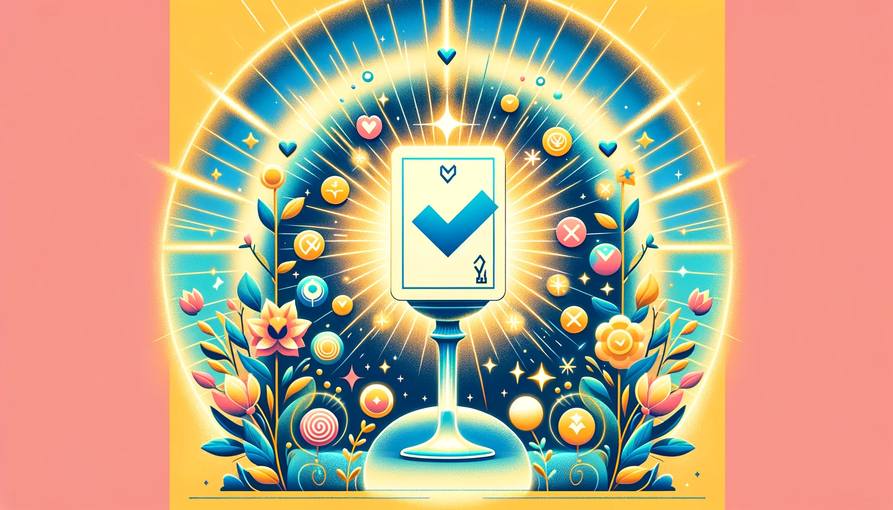 "Illustration depicting the Ace of Cups radiating light and surrounded by symbols of affirmation, representing its positive affirmation in decision-making contexts. Conveys a strong 'Yes' response within a Tarot reading, infused with optimism, new beginnings, love, and emotional fulfillment."