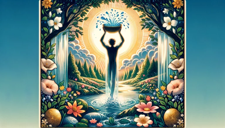 "Image depicting a person symbolizing emotional openness, generosity, and capacity for deep love. They are shown in a nurturing posture against a backdrop suggesting growth and emotional flow."