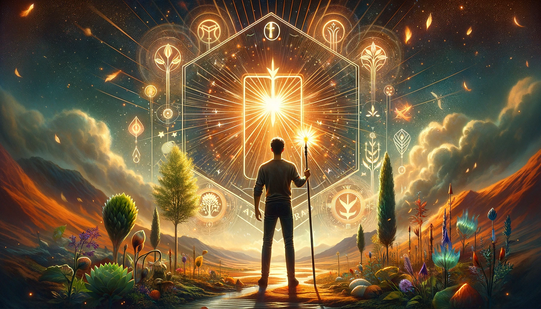 An image featuring a hand holding a wand upright, surrounded by sparks of light and vibrant colors, against a backdrop of lush greenery, blooming flowers, and symbols of innovation. The scene conveys themes of energy, creativity, and readiness to embark on new ventures, with the backdrop symbolizing growth and innovation.