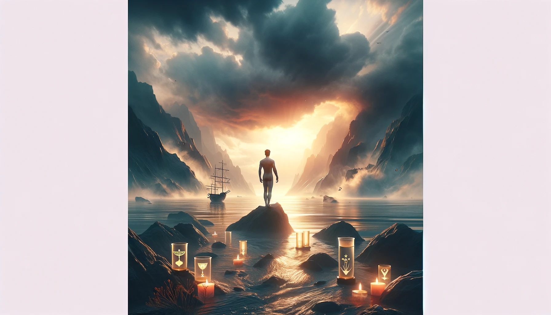 "Illustration depicting a solitary journey of self-discovery, portraying someone seeking deeper meaning and fulfillment beyond current circumstances. Complements the exploration of the emotional and psychological journey characterized by the 'Eight of Cups,' capturing the essence of introspection, resolve, and the pursuit of authenticity."