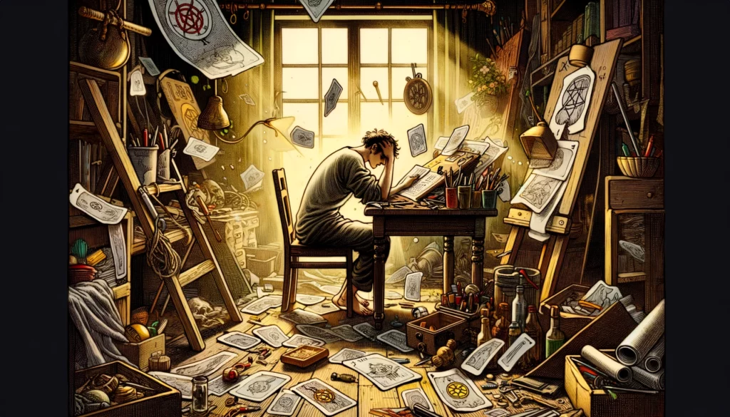 The image depicts an individual in a cluttered workspace, appearing overwhelmed or disinterested in their work. The surroundings consist of incomplete projects and disorganized tools, symbolizing unrealized potential and the need for self-reflection. The scene embodies the themes of addressing issues of commitment and dedication to one's craft, emphasizing the importance of rediscovering passion and realigning efforts towards meaningful achievements.