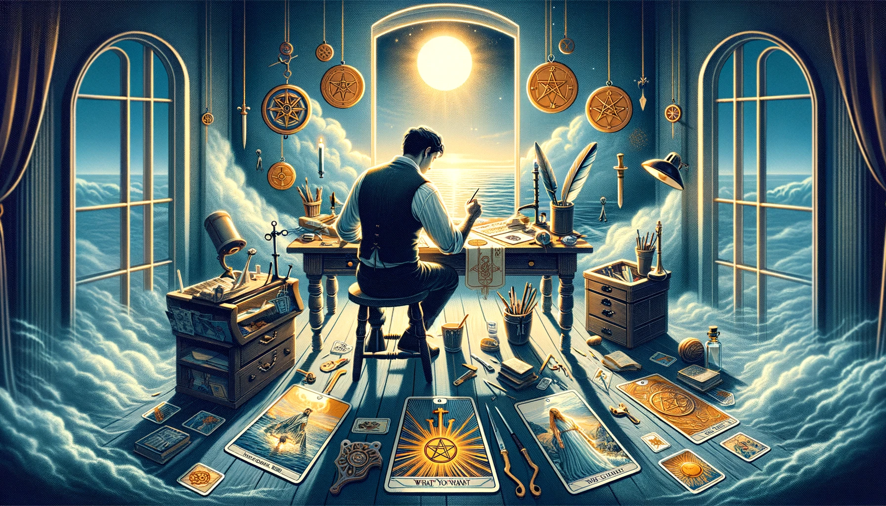 The image depicts an individual fully engaged in honing their skills or working diligently on a project. They are surrounded by tools and symbols of their craft, symbolizing their desire for personal growth, skill development, and the achievement of mastery in their chosen field. This visualization embodies themes of ambition, pursuit of excellence, and satisfaction derived from seeing one's efforts bear fruit. It emphasizes a sense of purpose and dedication, as well as aspirations to excel and a commitment to continuous improvement.