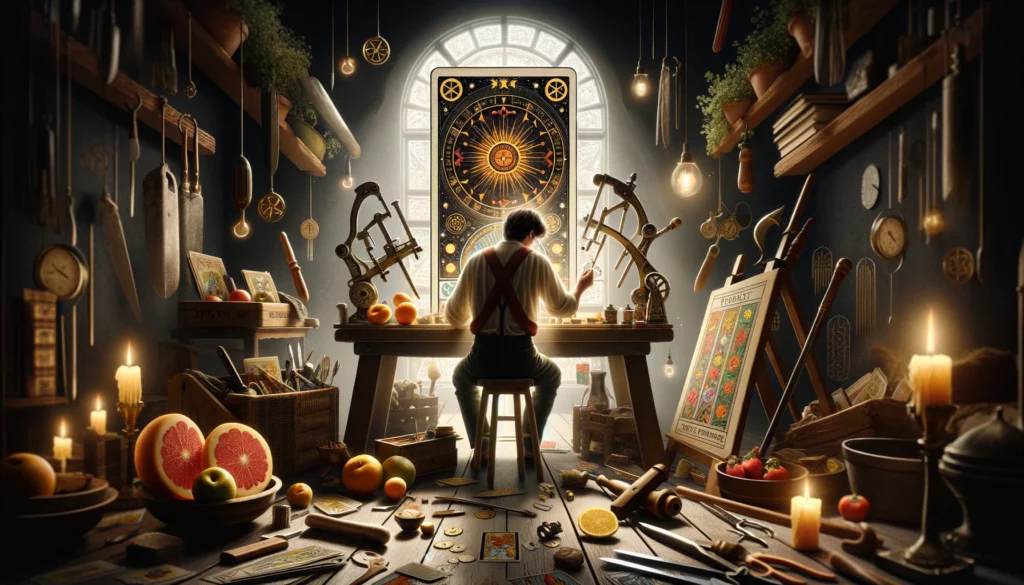 The image depicts an individual completely absorbed in their work, surrounded by various tools and the products of their labor. They appear focused and dedicated, engrossed in mastering their craft or completing a project. The scene conveys a sense of intense concentration, hard work, and dedication to achieving excellence. It embodies themes of diligence, craftsmanship, and the fulfillment that comes from persistent effort and skill development.