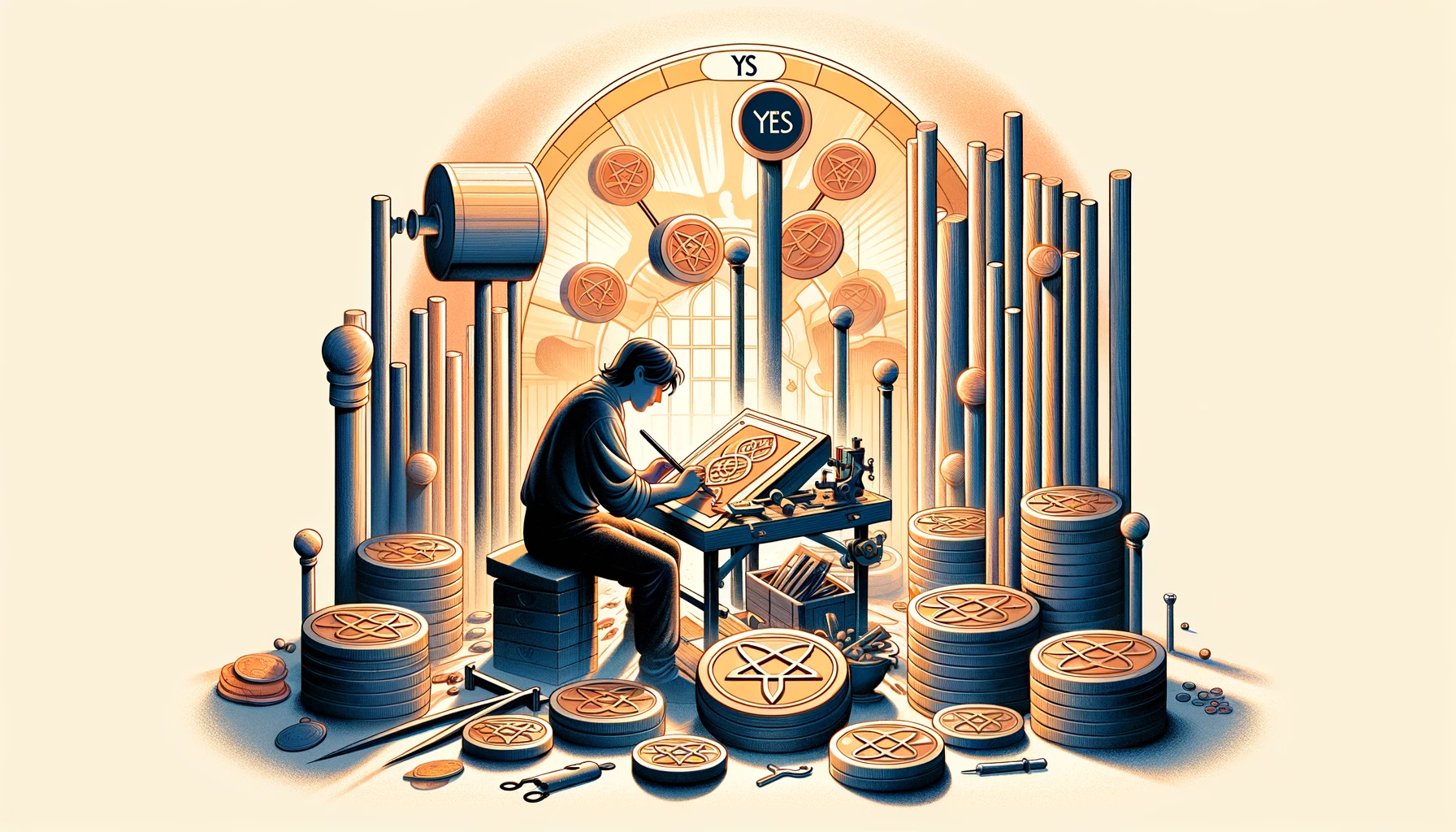 The image depicts an individual deeply focused on their work, surrounded by completed and in-progress pentacles, symbolizing dedication and the pursuit of mastery. The scene suggests a "Yes" in the context of questions related to effort, skill development, and the commitment to achieving goals. The visualization emphasizes the importance of diligence and the willingness to put in the necessary work to attain success.