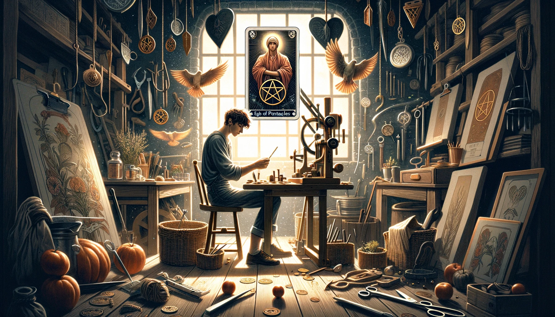 The image depicts an individual deeply engrossed in honing their craft, surrounded by various tools and symbols of their trade in a workshop or studio. Their focused expression and meticulous attention to detail suggest a dedication to excellence and continuous improvement. This visualization embodies the themes of dedication, concentration, and commitment to mastery, highlighting the joy of craftsmanship and the importance of patience and persistence in the pursuit of one's goals.