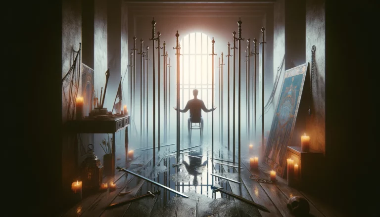 "Illustration depicting a figure surrounded by swords, blindfolded and constrained, symbolizing feelings of restriction, confusion, and a desire for liberation within a metaphorically confining environment."