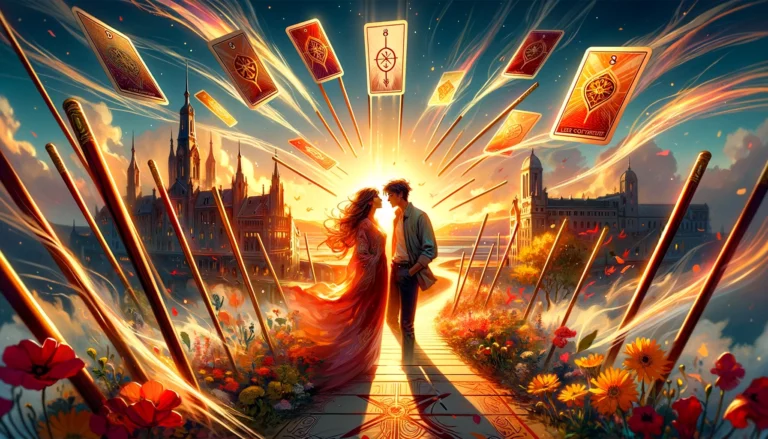 The image features a couple surrounded by flying wands, symbolizing rapid developments and swift communication in their relationship. Against a backdrop of vibrant colors and lively energy, the scene captures the forward momentum and excitement of their journey ahead. The visual representation enriches the article by depicting the clear, direct communication between the couple and the anticipation of what lies ahead in their relationship.