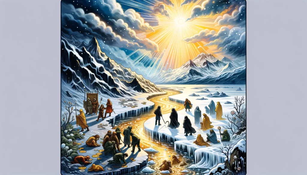 Transition from bleak winter to sunlit path, symbolizing "Yes" to overcoming challenges. Melting snow and brighter landscape represent hope, recovery, and seeking help. Captures essence of moving from adversity to support, healing, and positive change.