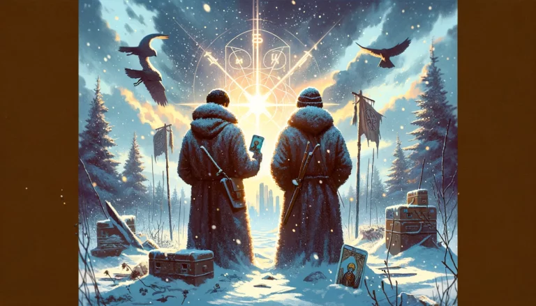 Two individuals standing side by side in a snowy landscape, facing adversity together. They are surrounded by barren trees and cold, desolate surroundings. Despite the harsh environment, they stand united, symbolizing resilience and companionship in the face of hardship. In the distance, a faint light shines, offering a glimmer of hope and the potential for assistance. This scene embodies the themes of financial hardship, health issues, or exclusion, highlighting the importance of unity and seeking help during challenging times.