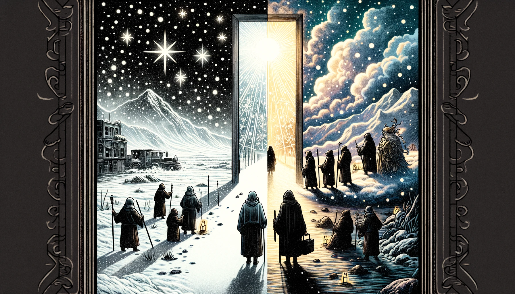 Visual contrast: hardship in wintry landscape symbolizing "No" without support, versus figures moving towards lighted doorway for "Yes" aspect - seeking and finding help, warmth, and support. Emphasizes balance between hardship and potential recovery through community and support.