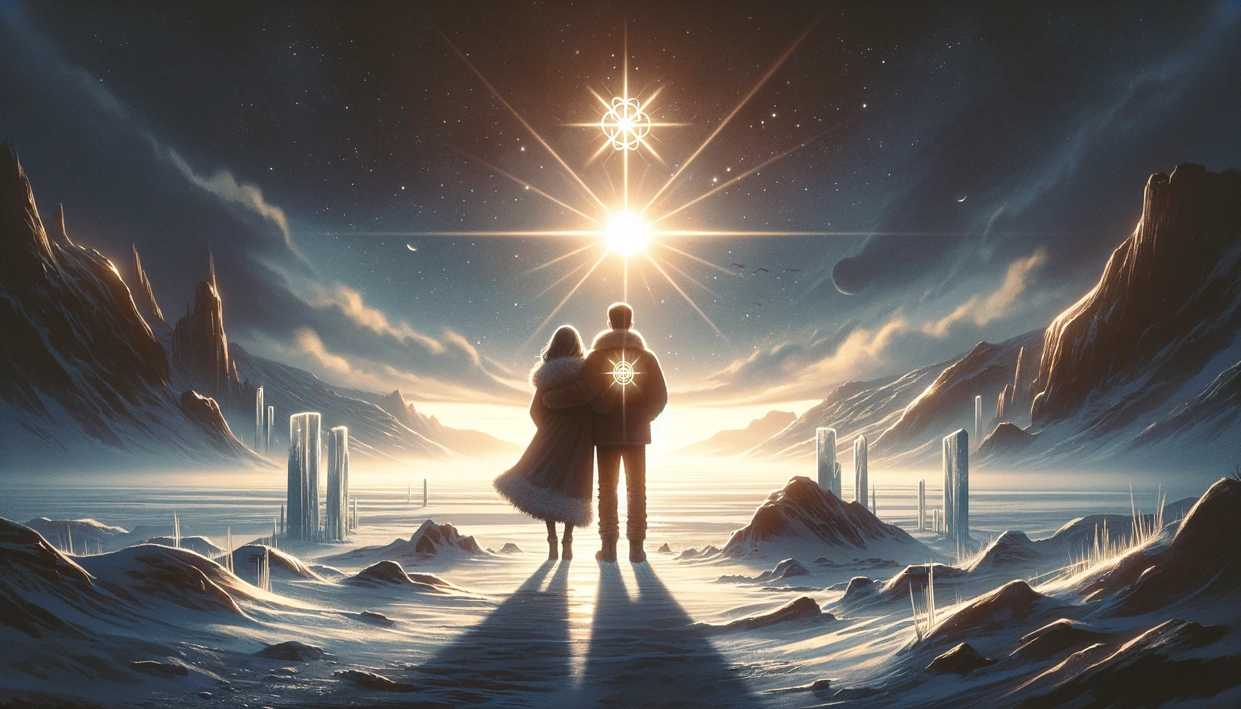 Couple stands in barren landscape, gazing at distant light, symbolizing hope and possibility of finding warmth and support in each other amidst hardships. Embodies unity, mutual support, and resilience in facing challenges together, conveying message of hope and healing through love.