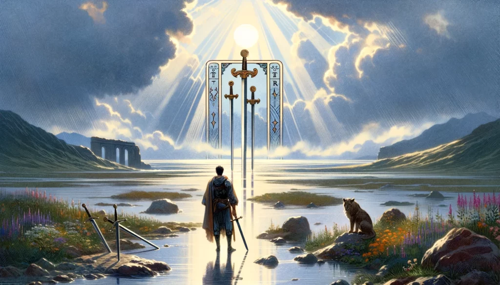 "An image representing the transformative influence of the Reversed Five of Swords, symbolizing a shift from conflict to reconciliation, peace, and reconsideration of decisions."