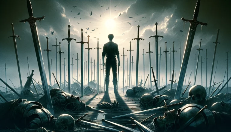 "Depiction of the Five of Swords showcasing the conflicting desires for victory and the personal costs involved, set against a backdrop symbolizing the dual nature of achieving goals amidst adversity."