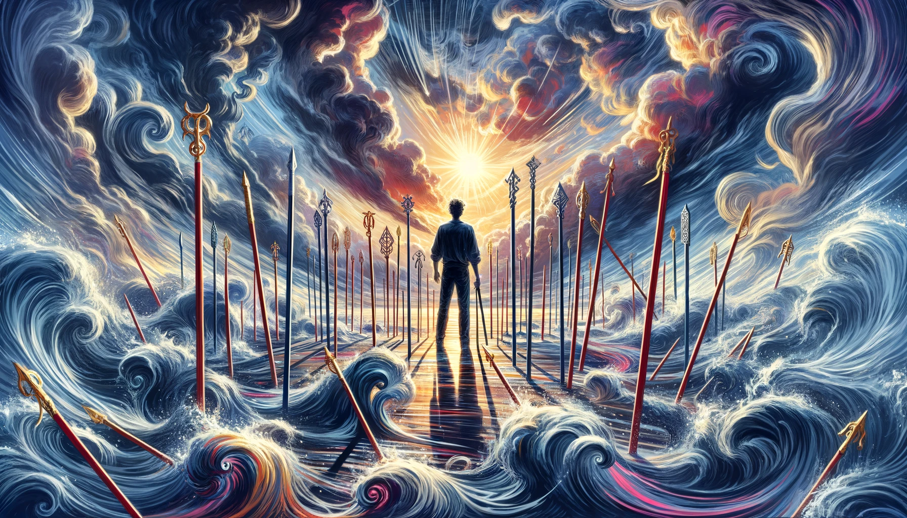 An individual surrounded by swirling wands, reflecting the tumultuous emotions and feeling ensnared in a struggle. The dynamic scene illustrates the energetic challenge of navigating complex emotions, set against a charged environment symbolizing conflicting desires or viewpoints, emphasizing the individual's determination to overcome these challenges.