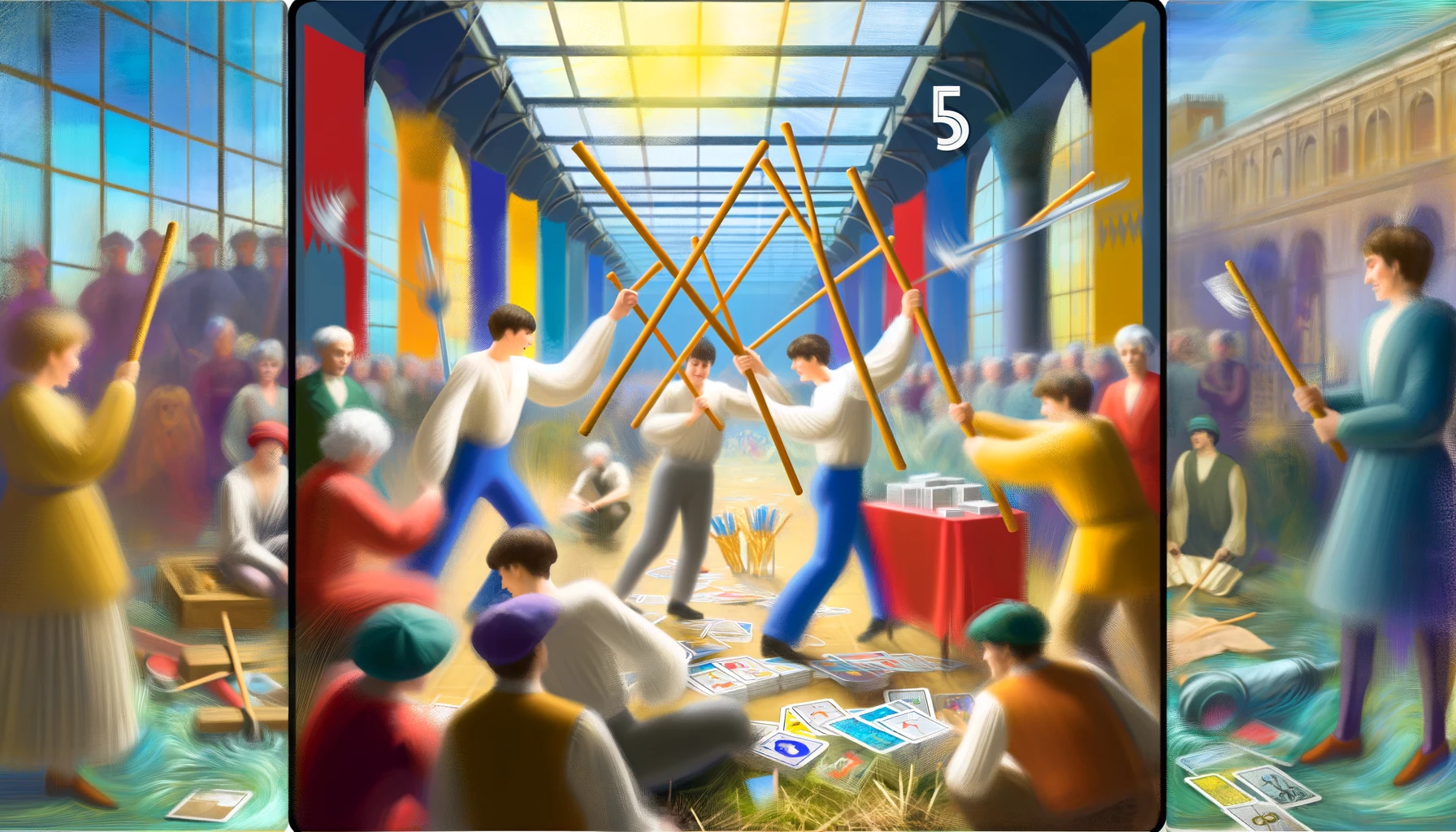 An illustration depicting the dynamic nature of competition, struggle, and the clash of ideas or interests. The image shows individuals engaged in a lively exchange or conflict, demonstrating energy, determination, and passion. Set against a backdrop reflecting the intensity of the situation, it highlights the potential for growth and innovation that can emerge from such engagements.