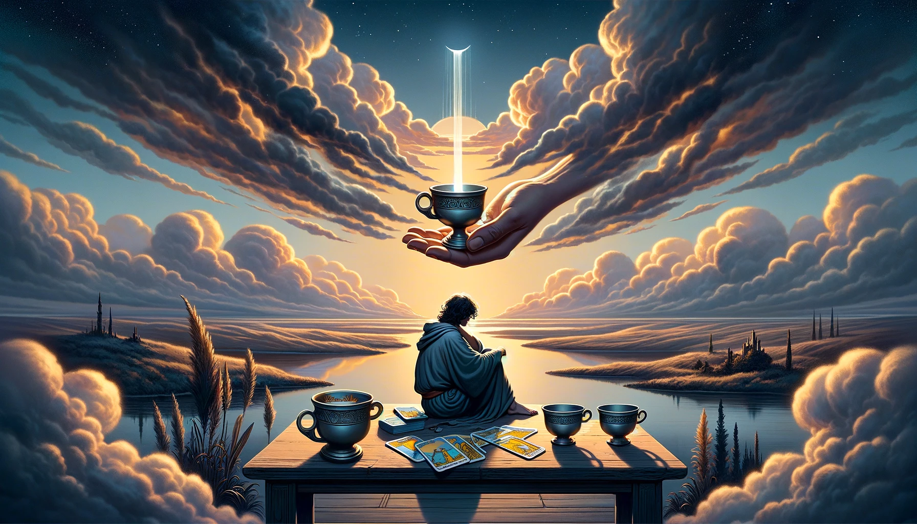 "An illustration representing contemplation and reevaluation of circumstances. A figure is depicted in a reflective state, with three cups symbolizing uninteresting current situations, and a fourth cup being offered from a cloud, representing an unnoticed opportunity. The serene background underscores the journey towards recognizing and embracing new possibilities despite emotional withdrawal and missed opportunities, suggesting potential for growth with increased awareness."